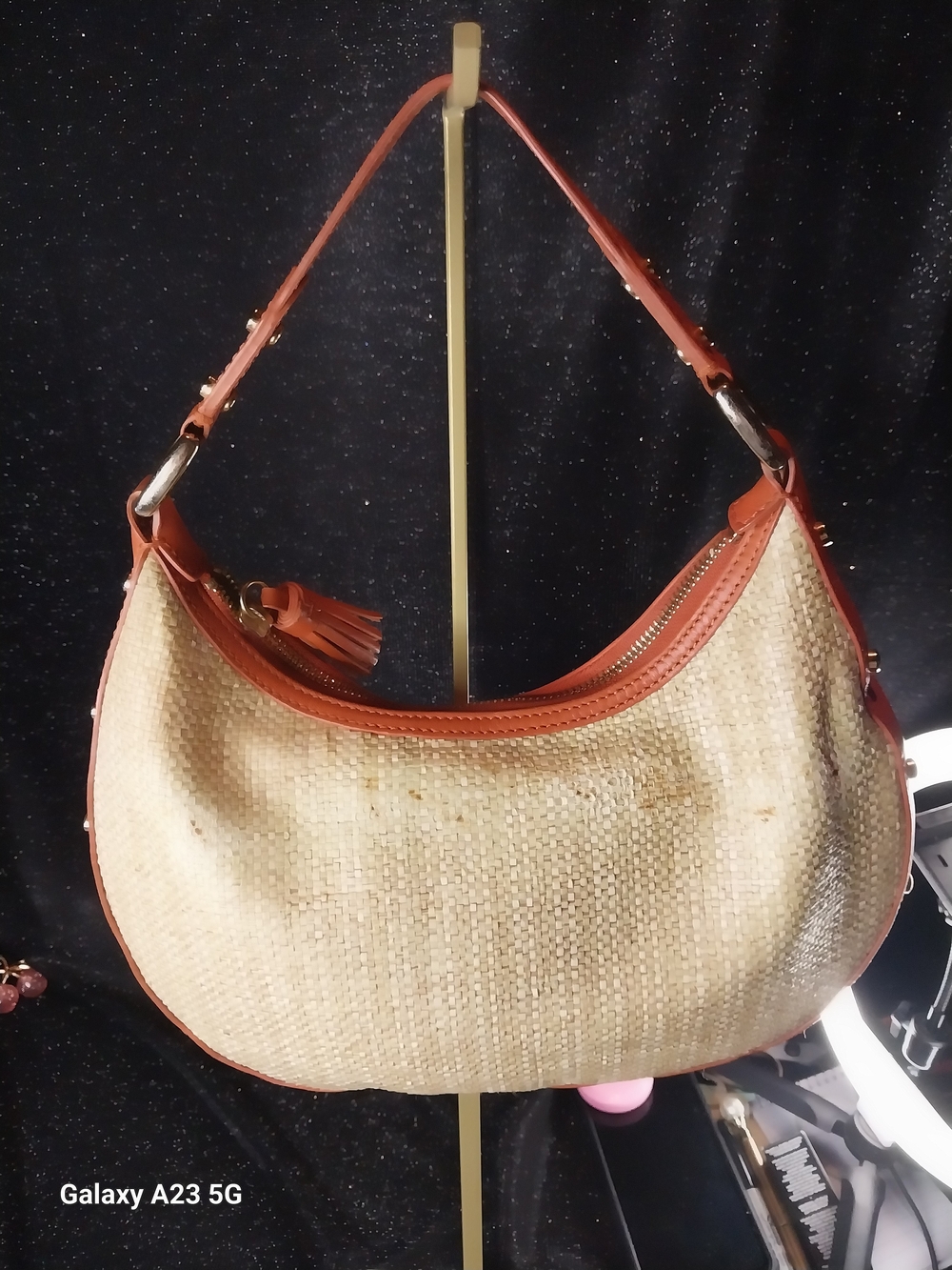 Cole Haan Straw/Raffia Shoulder Bag Orange Leather/Tassel/Matching Wallet